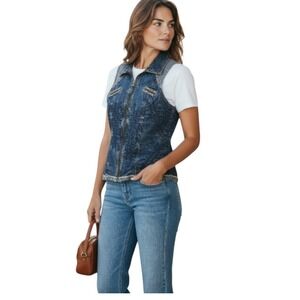 Bleu Bayou Womens Denim Studded Vest Blue Wash Full‎ Zip Collar Casual Size M